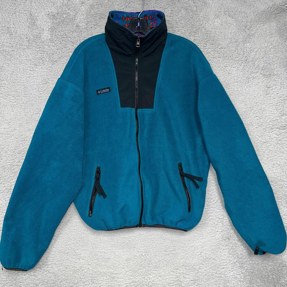 VTG Columbia Jacket Mens Sz M Teal Black Full Zip Aztec Collar Lining Fleece 90s